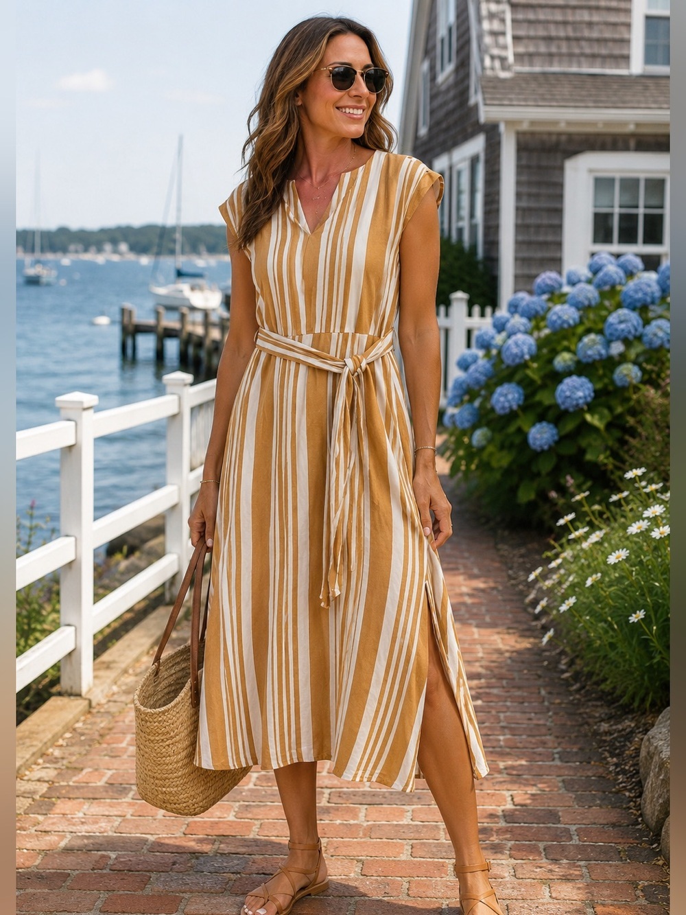 Ann Taylor Camel & White Striped Linen Blend Maxi Dress | Size Large | Belted |